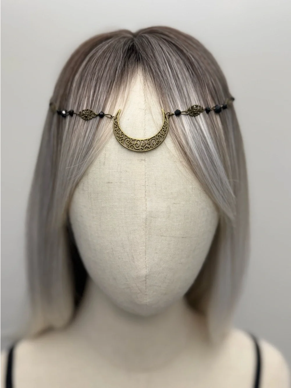 Bronze Crescent Moon Headpiece Women Boho Head Chain Black Beaded Hair Jewelry